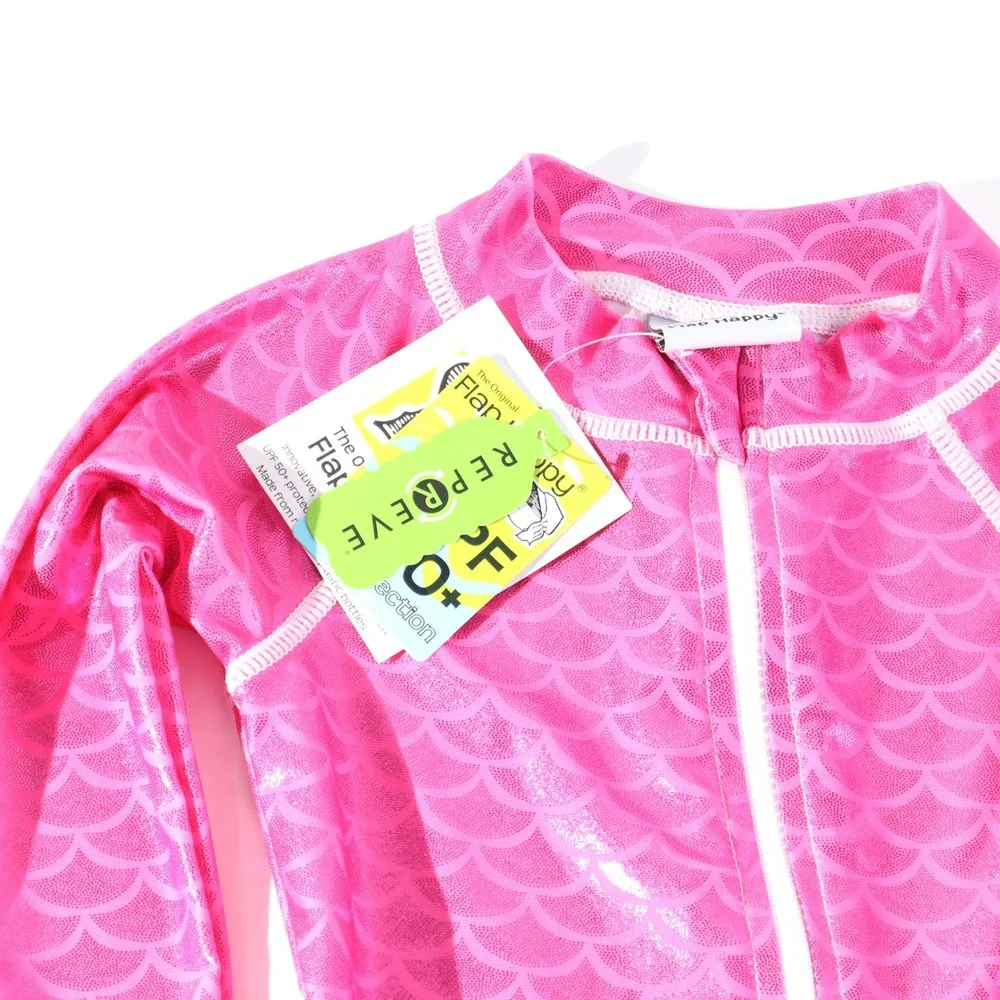 Flap Happy Pink Mermaid Scale UPF 50+ Long Sleeve Rash Guard Swimsuit NWT